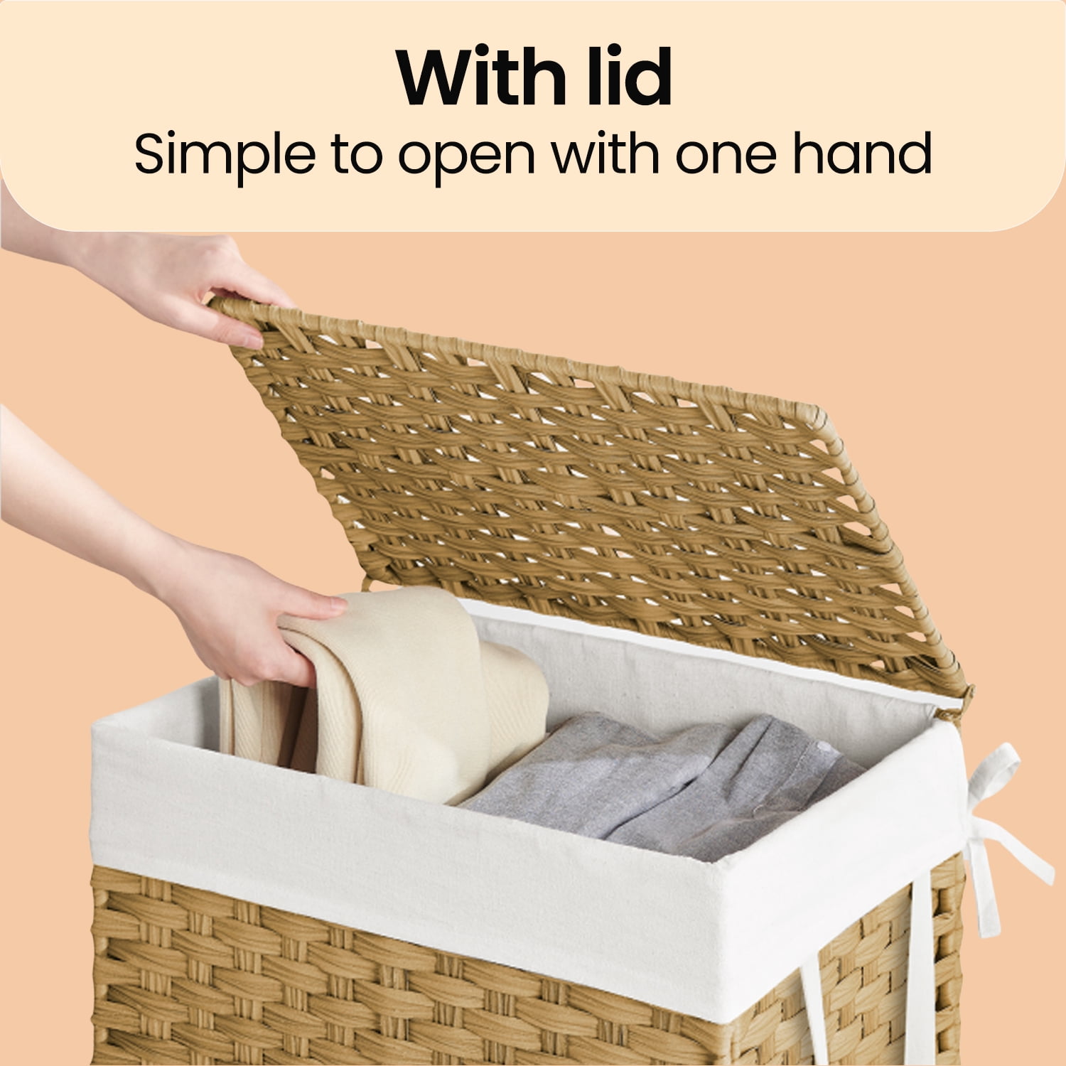 LEDREM Foldable Laundry Hamper with Removable Liner & Lid – 23.8 Gallon (90L) Synthetic Rattan Basket, Handles for Easy Carry, Space-Saving Design, Fits Bathroom，Bedroom, Goose Yellow