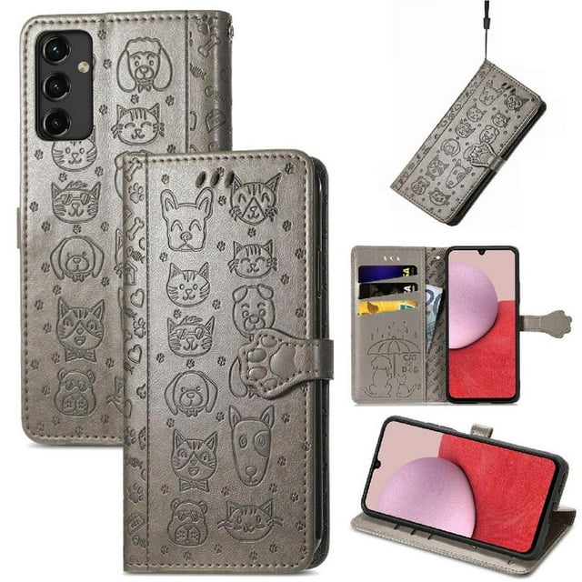 Funda Cartera FOXDOCK para Samsung Galaxy A14 5G , Flip PU con Relieve de Gatos y Perros, Tarjetero y Soporte