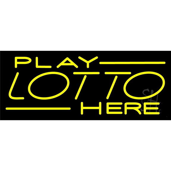 Yellow Play Lotto Here LED Neon Sign 13 x 32 - inches, Black Square Cut Acrylic Backing, with Dimmer - Bright and Premium built indoor LED Neon Sign for Defence Force.