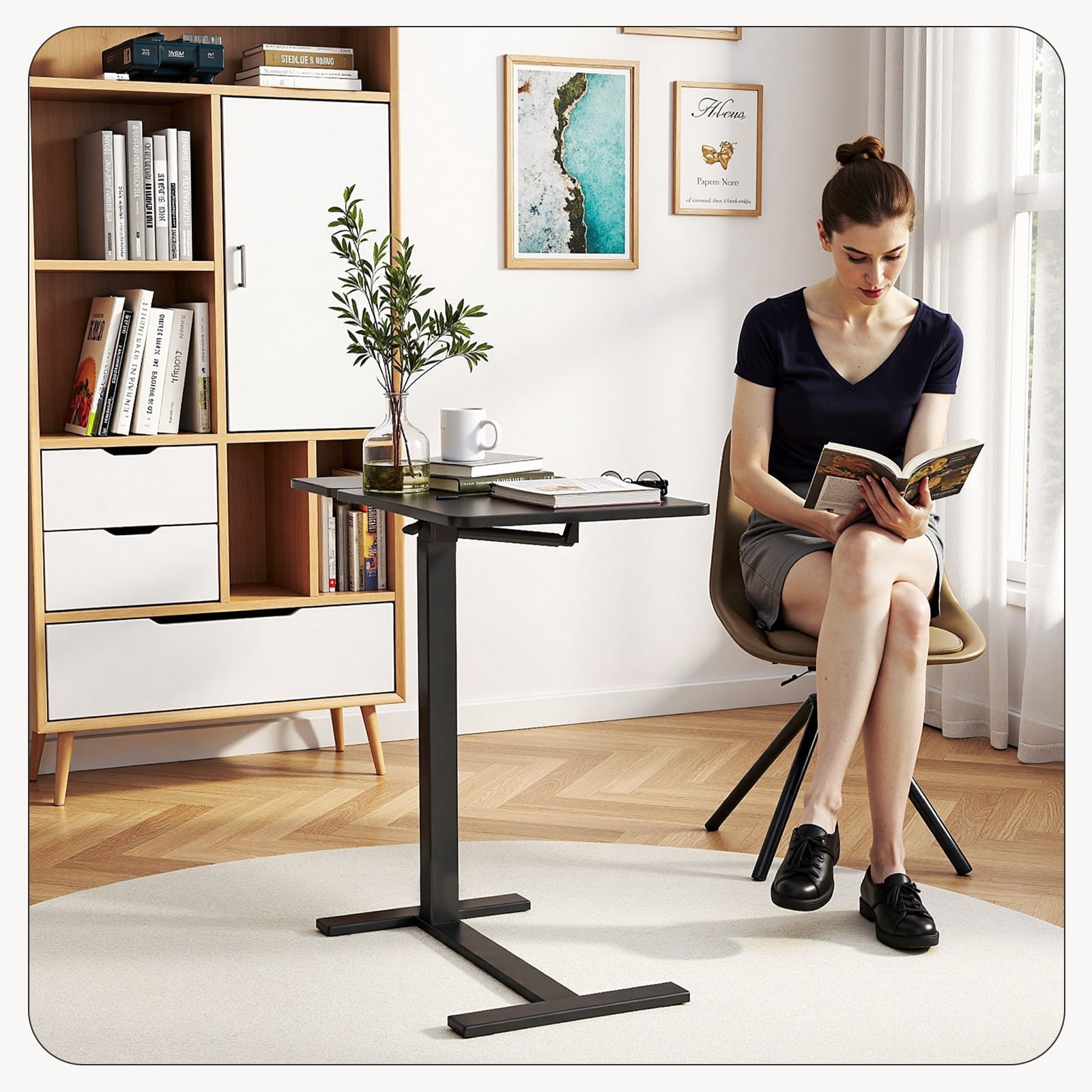 CONCETTA Overbed Table with Wheels Mobile Standing Desk, Adjustable height, Single-Sided Flip, Saves Space for Hospital, Home, Black