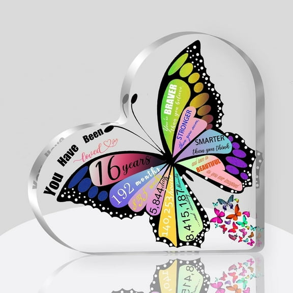 Sweet 16 Gifts for Girls, Gifts for 16 Year Old Girl, Sweet 16 Heart Acrylic Keepsake, Unique Sixteen Gift for Birthdays, Butterfly Desk Decor, 16th Birthday Decorations,4x4 inch