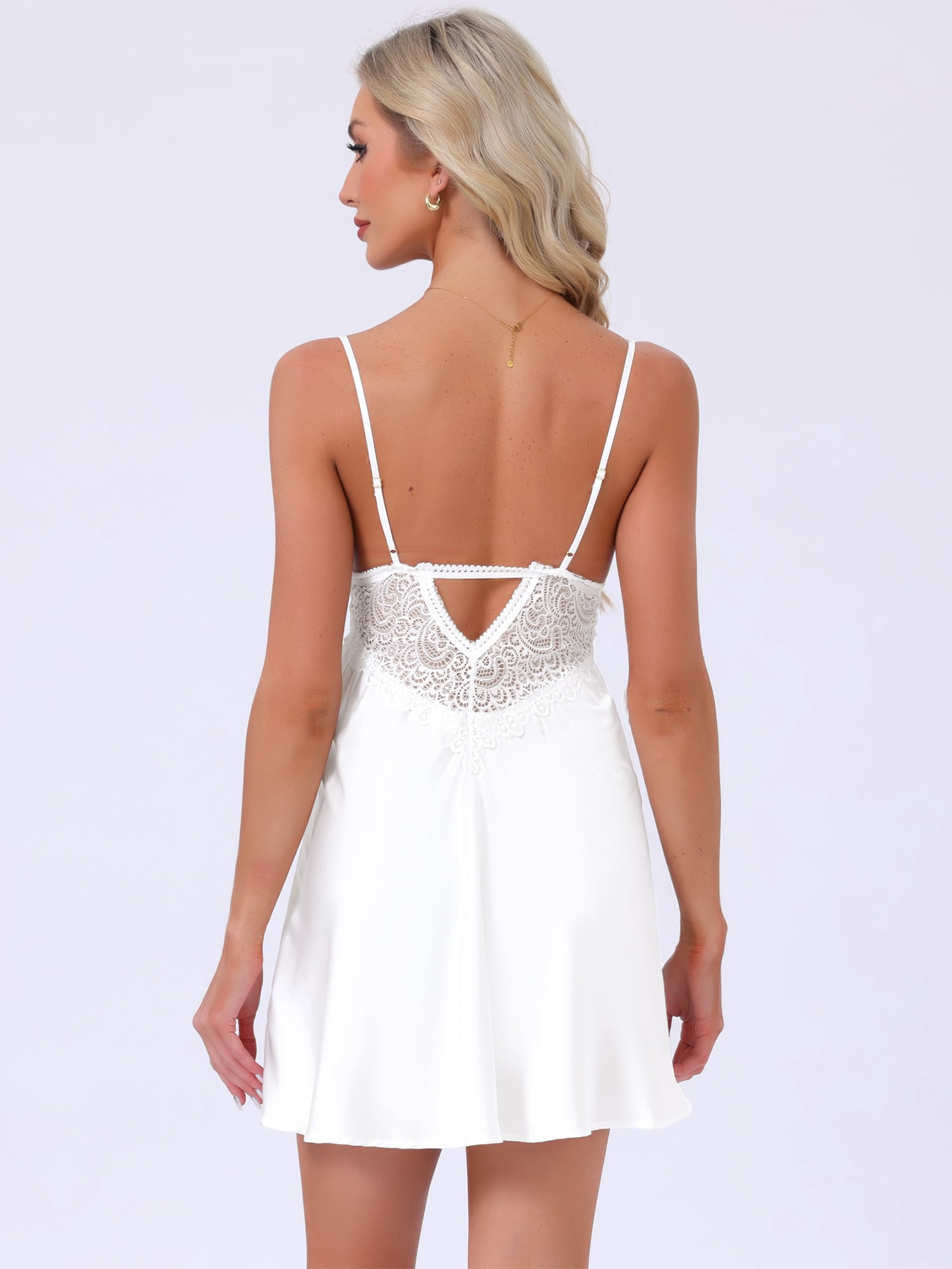 DARING DIVA Women's Satin Sheer Lace Backless Chemise Lingerie Sleep Dress S White
