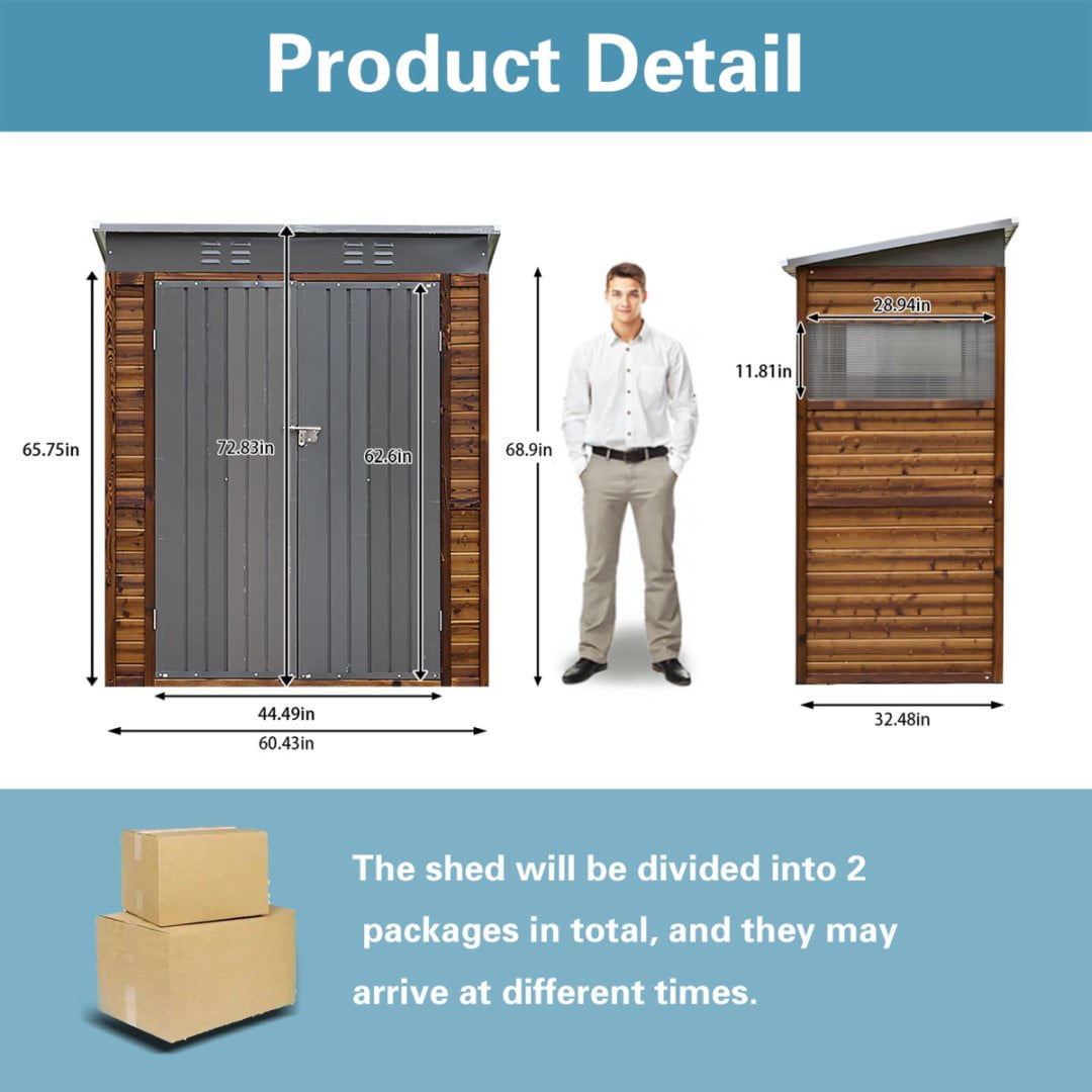 Fehomix 3x5 FT Outdoor Storage Shed, Metal and Wood Tool Shed with Wide Iron Doors & Windows, Weatherproof Garden Shed for Backyard, Lawn Mower & Large Equipment Storage