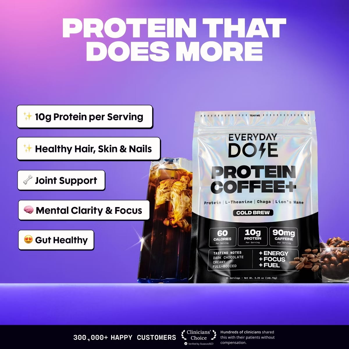 Everyday Dose Medium Roast Instant Coffee, Cold Brew Mushroom Protein Coffee Blend with Chaga, 5.25 oz