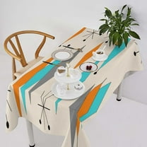 1950s Boho Tablecloth, Mid Century Modern Geometric Atomic Shapes Orange Blue Pattern Table Cloth for Kitchen Holiday Dinner Hotel Restaurant, Rectangle(60x84in)
