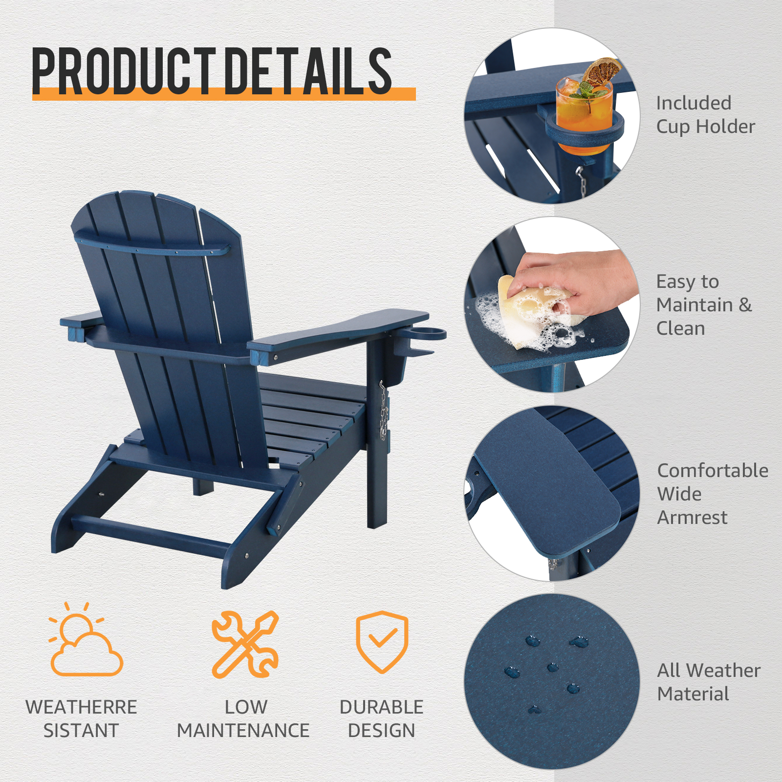 FHFO Folding Adirondack Chair,HDPE All-Weather Patio Chairs with Cup Holder for Outside, Deck, Lawn, Backyard, Garden, Fire Pit(Navy Blue)