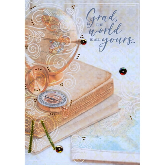 Designer Greetings Globe, Book, 3D Tip On Compass, Gold Ribbon and Sequins Hand Decorated College Graduation Congratulations Card