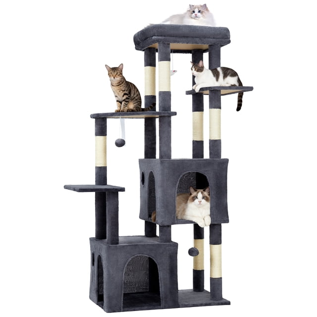 Cat Tree for Large Cats - 61" Heavy-Duty Multi-Level Tower with 2 Condos & Scratching Posts, Extra-Large Perch for Maine Coons, Dark Gray Activity Center