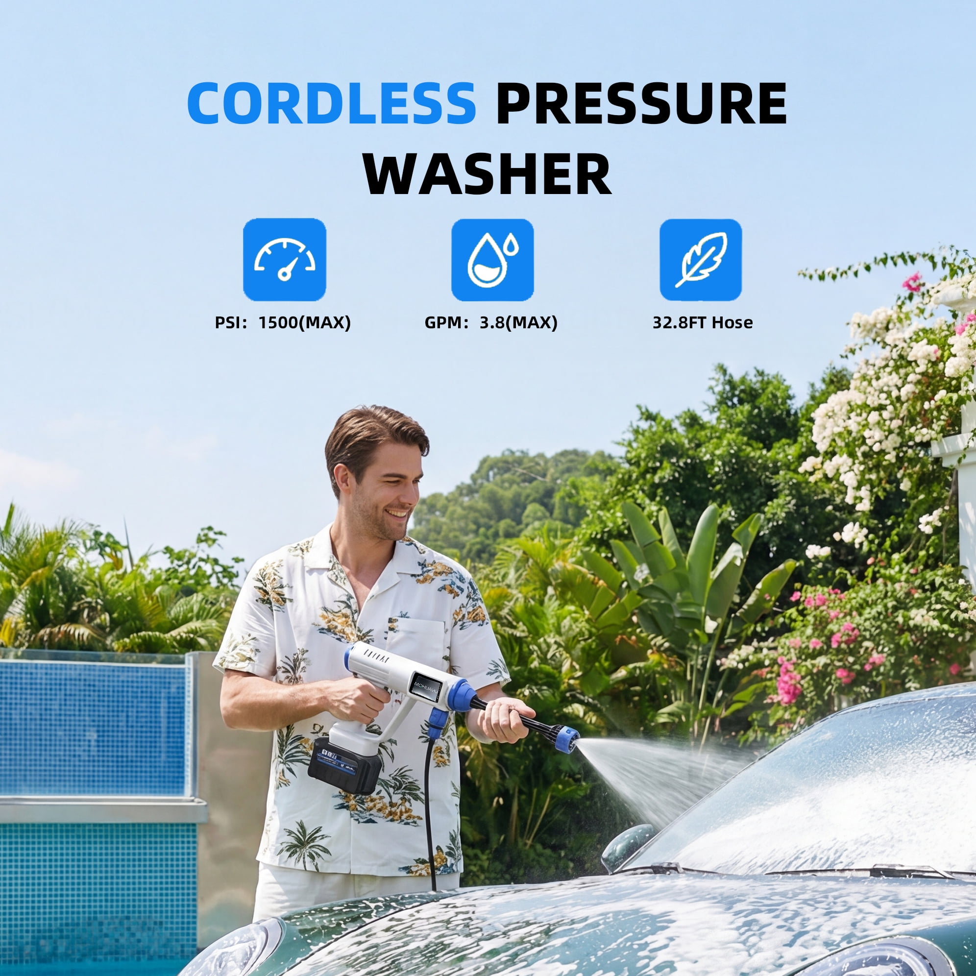 MQHUAYU 1500PSI Cordless Pressure Washer, 200W 4.0GPM Portable Power Washer with 6-in-1 Adjustable Nozzle, 2×96V Battery Power Cleaner with 32.8ft Hose for Cars/Patios