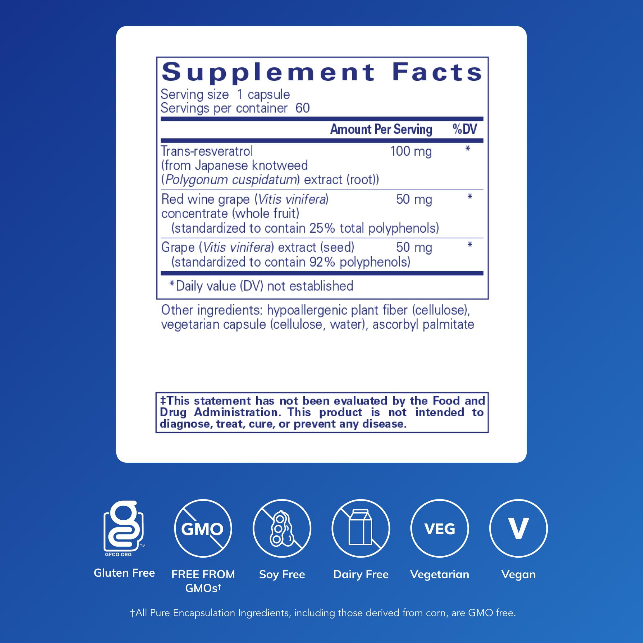 Pure Encapsulations Resveratrol EXTRA - 100 mg Trans-Resveratrol - For Healthy Cellular & Cardiovascular Function* - Antioxidants Supplement - Non-GMO & Gluten Free - 60 Capsules