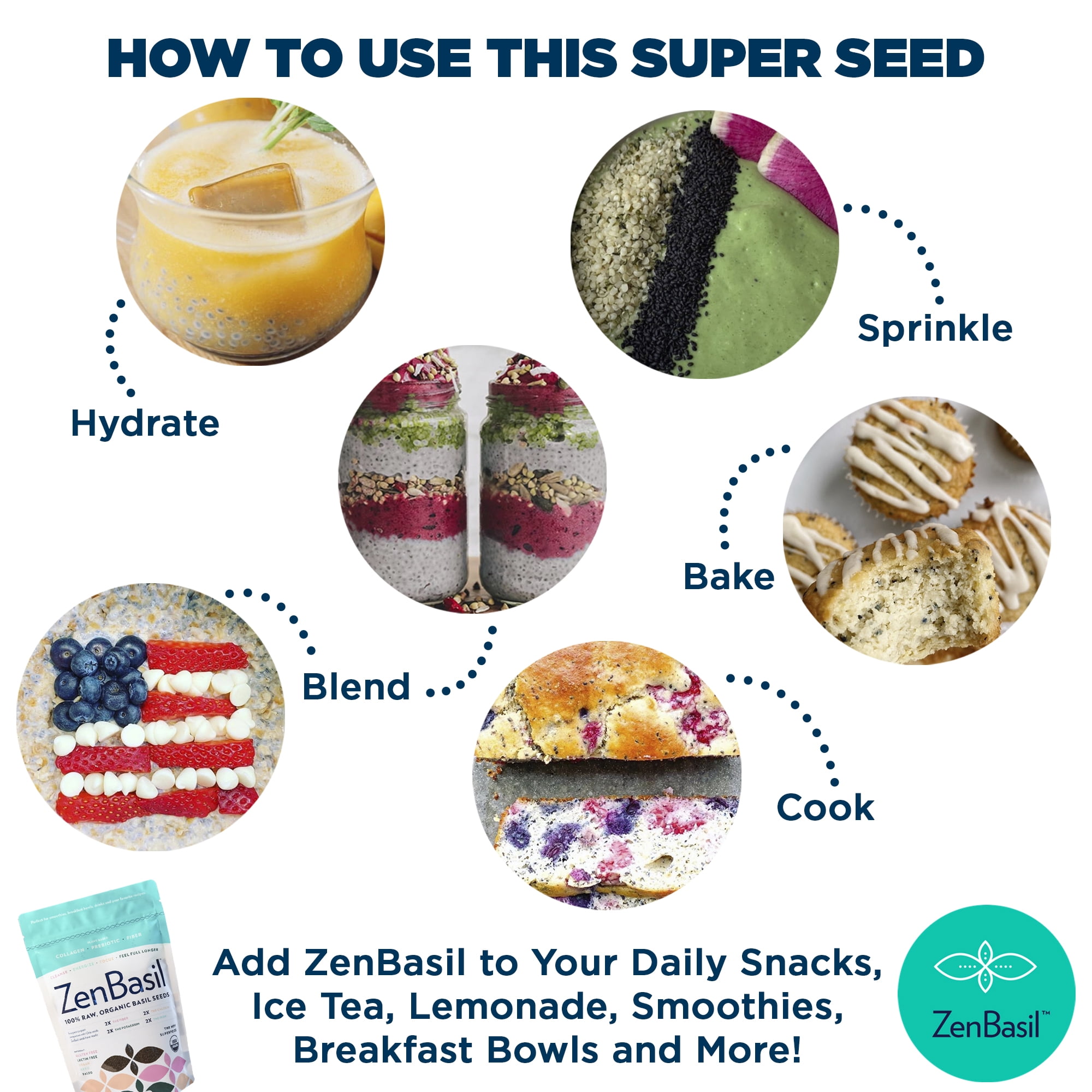 Zen Basil Seeds | Edible Basil Seeds USDA Organic, Kosher, Non-GMO, Lectin-free, Gluten-free, Keto, Paleo | 15g Fiber Per Serving