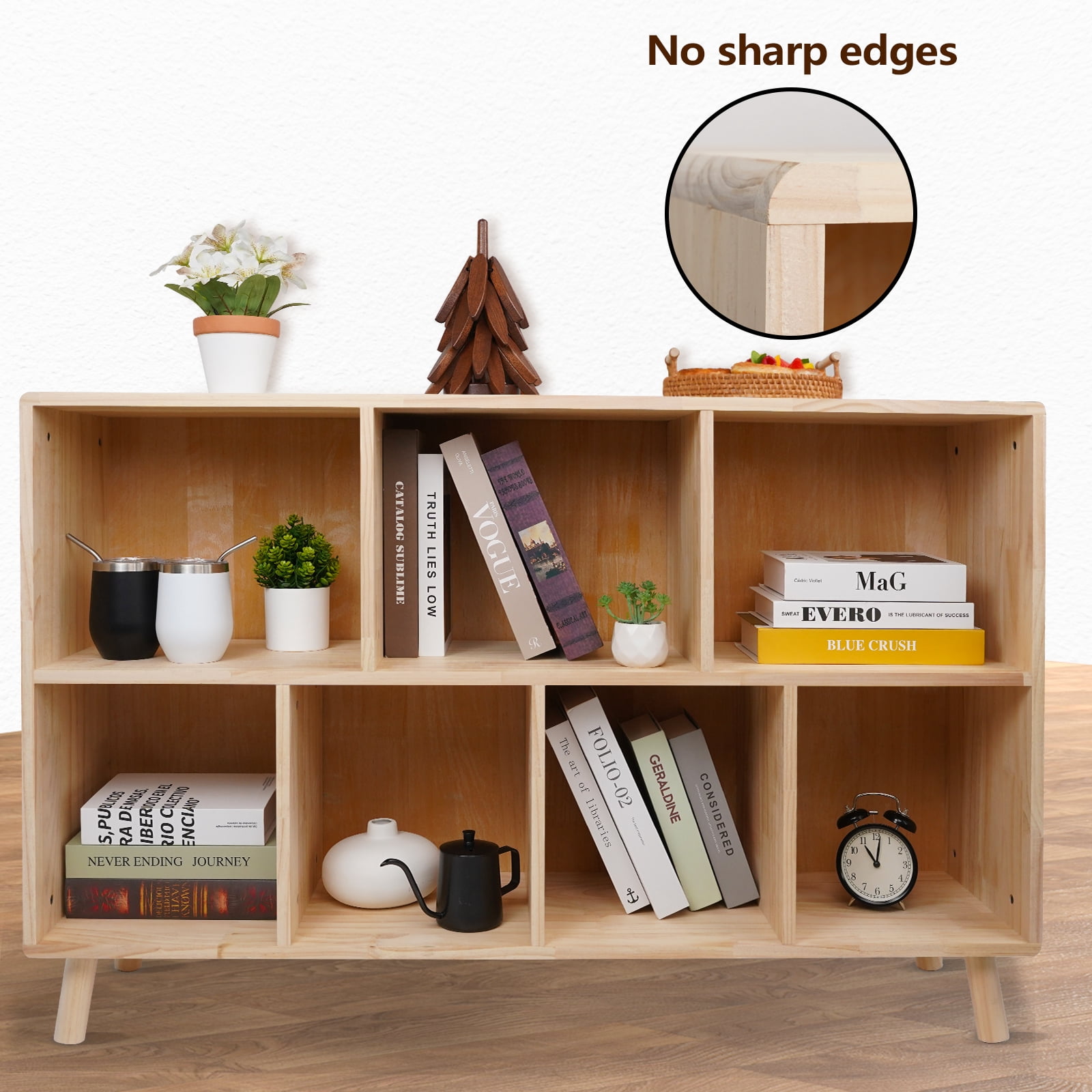 Pine Wood 7 Cube Bookshelf, 45.0"L x 28.5" H Storage Organizer for Books/Toys/Home, Modern Wooden Bookcase for Home/Office