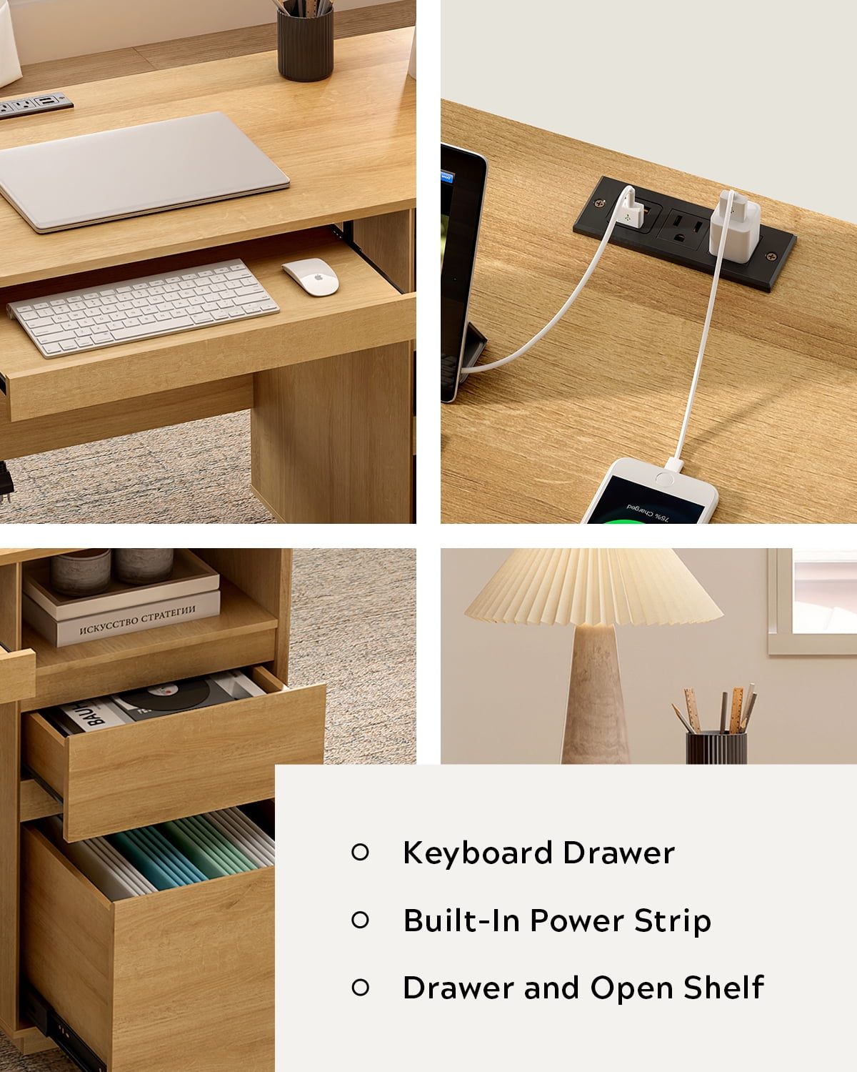 Joyyskill Farmhouse Executive Desk with File Drawer 59" Large Computer Desk Home Office Desk with Charging Station, Keyboard Tray, Storage Cabinet Modern Workspace for Study, Natural Oak