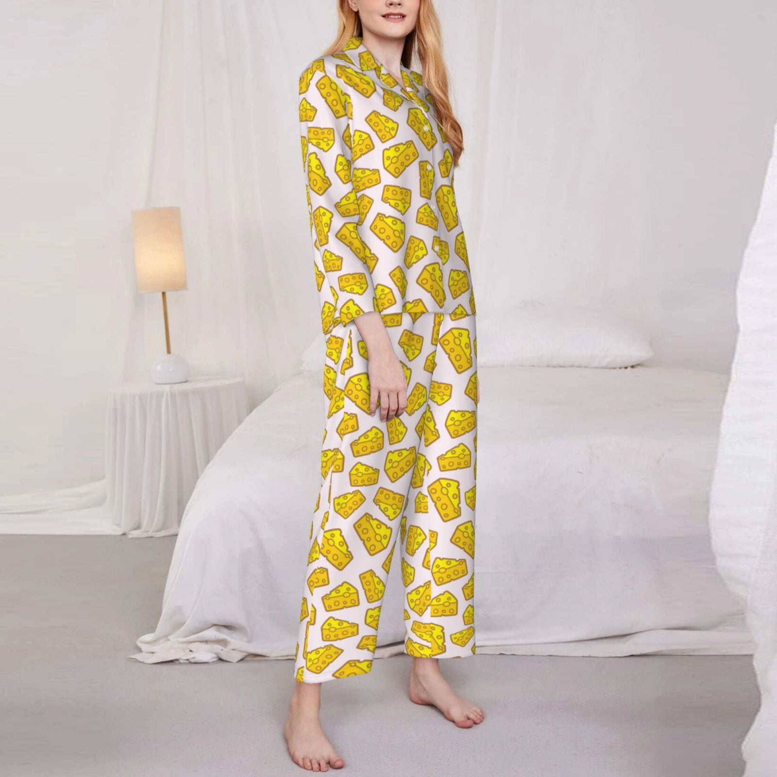 Wukai Cheese Print Women's Pajama Set,PJ Set,Lounge Sets For Women