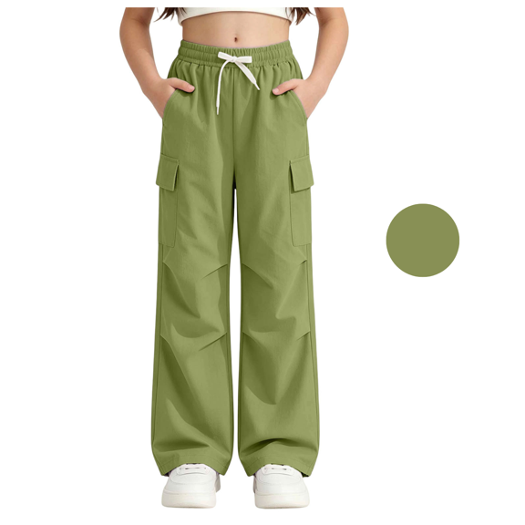 Liyamei Girls Elastic Waist Wide Leg Cargo Pants for Kids Outdoor Play Size 5-14 Years