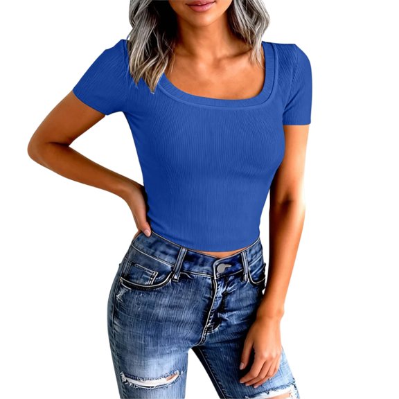 Women Short Sleeve Tops Scoop Neck Ribbed Knit Slim Fitted Basic Tee Shirt Casual Summer Clothes 2026 Spring Outfits #01Royal Blue M