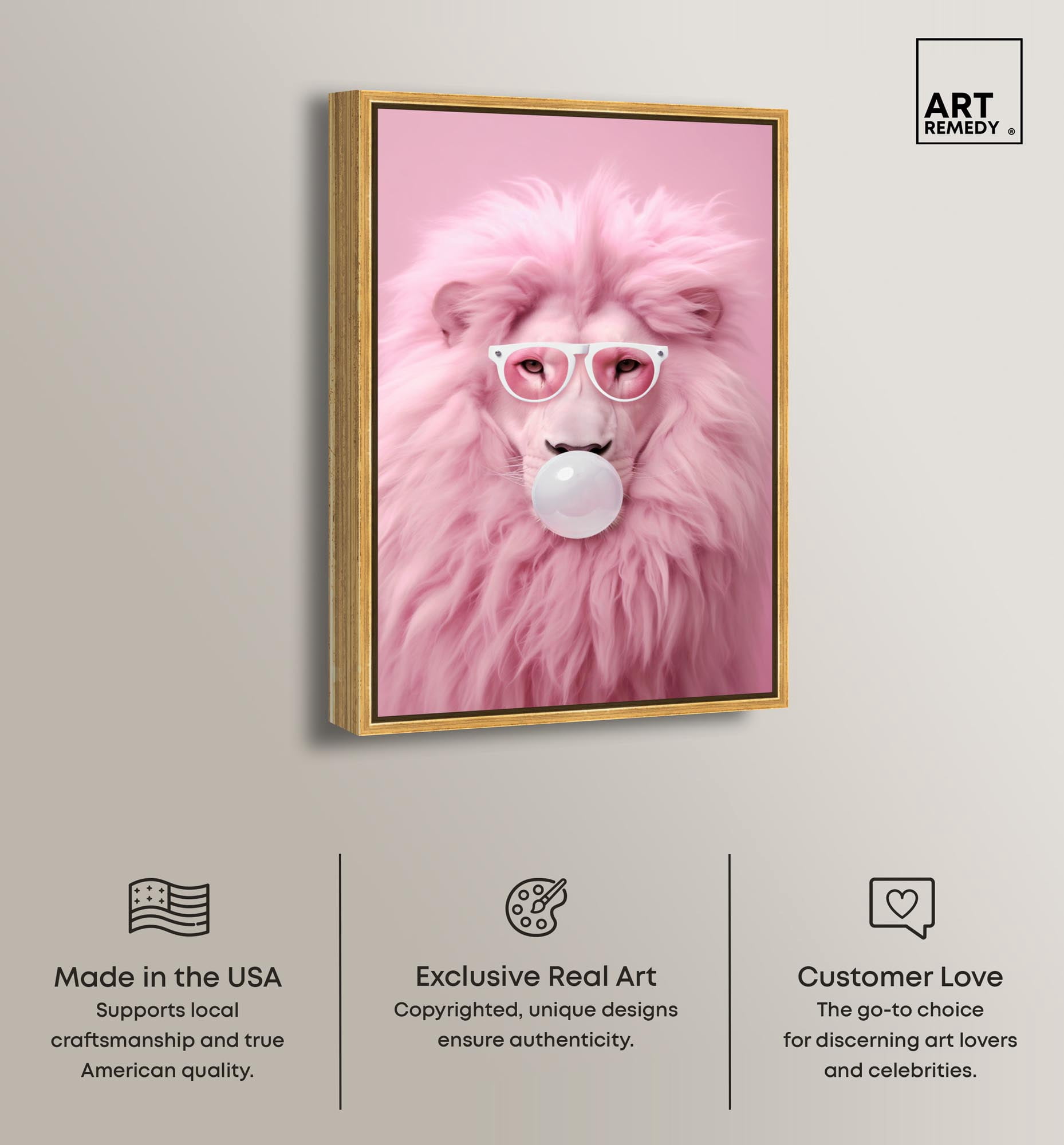 Majestic Bubblegum Lion Canvas Fashion Prints by Art Remedy, Gold Frame, 30" x 45"