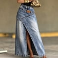 thumbnail image 2 of Morttic Women's Wash Denim Long Maxi Skirt – High Waist Relaxed High Slit Classic Back Pocket Western Streetwear A-Line Skirt Blue，S, 2 of 5