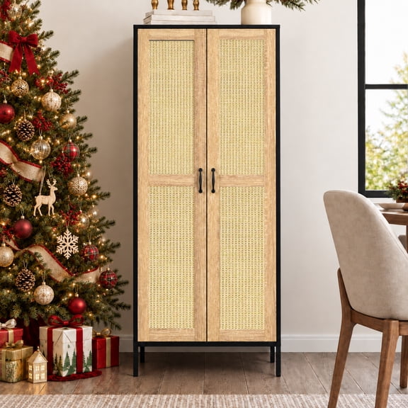 60.6" Kitchen Pantry Cabinet with 2 Rattan Doors,Rattan Buffet Cabinet with Adjustable Shelves for Kitchen Storage,Freestanding Cupboard Cabinet for Dining Living Room,Laundry,Bathroom Black