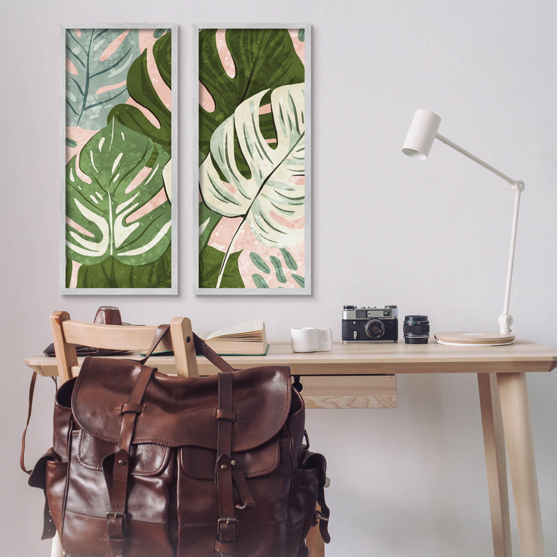 Modern Layered Monstera Leaves Botanical & Floral Graphic Art Gray Framed Art Print Wall Art, Set of 2