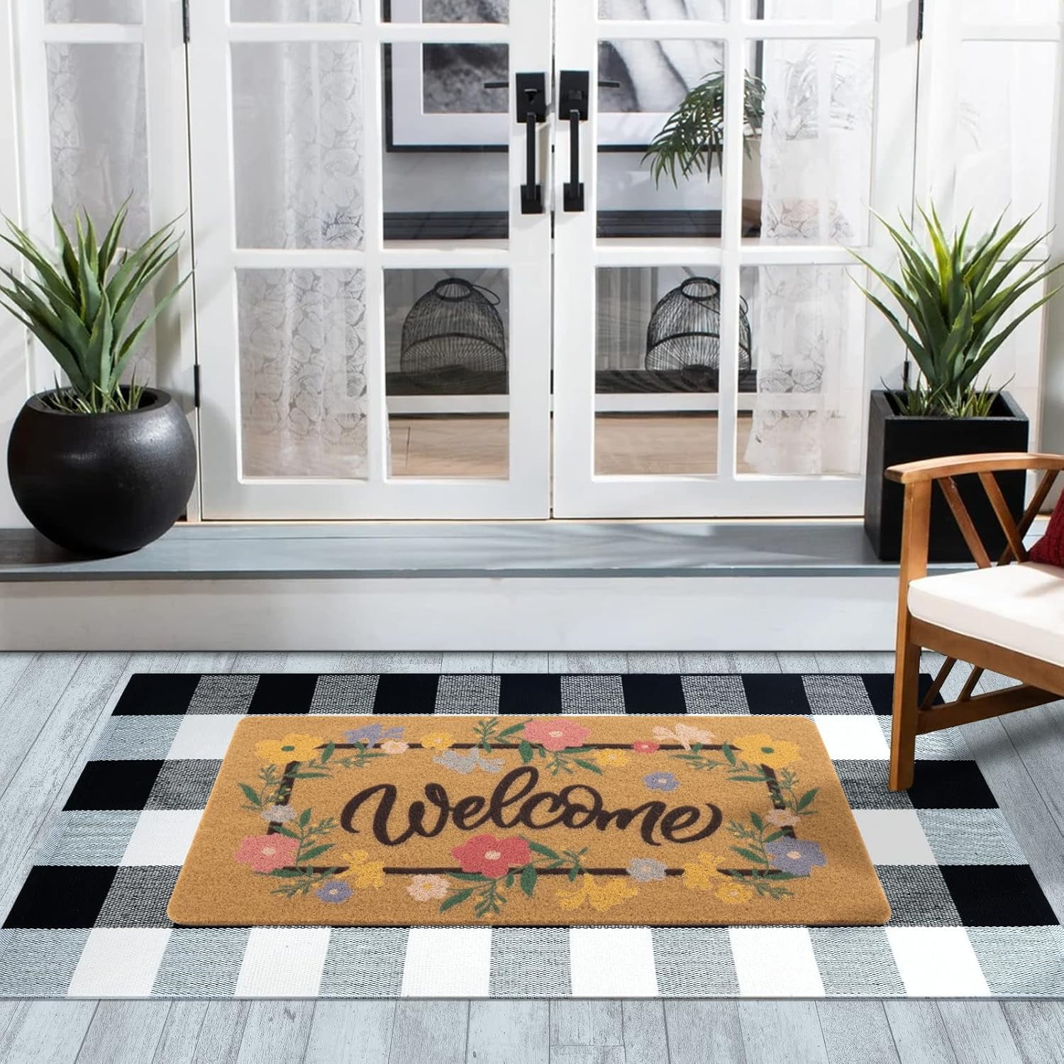 Artificial Coir Doormat with Non-Slip Backing for Indoor and Outdoor 17 x 30 inch Front Door Welcome Mat Spring Summer Seasonal Doormat, Welcome Flower Garland