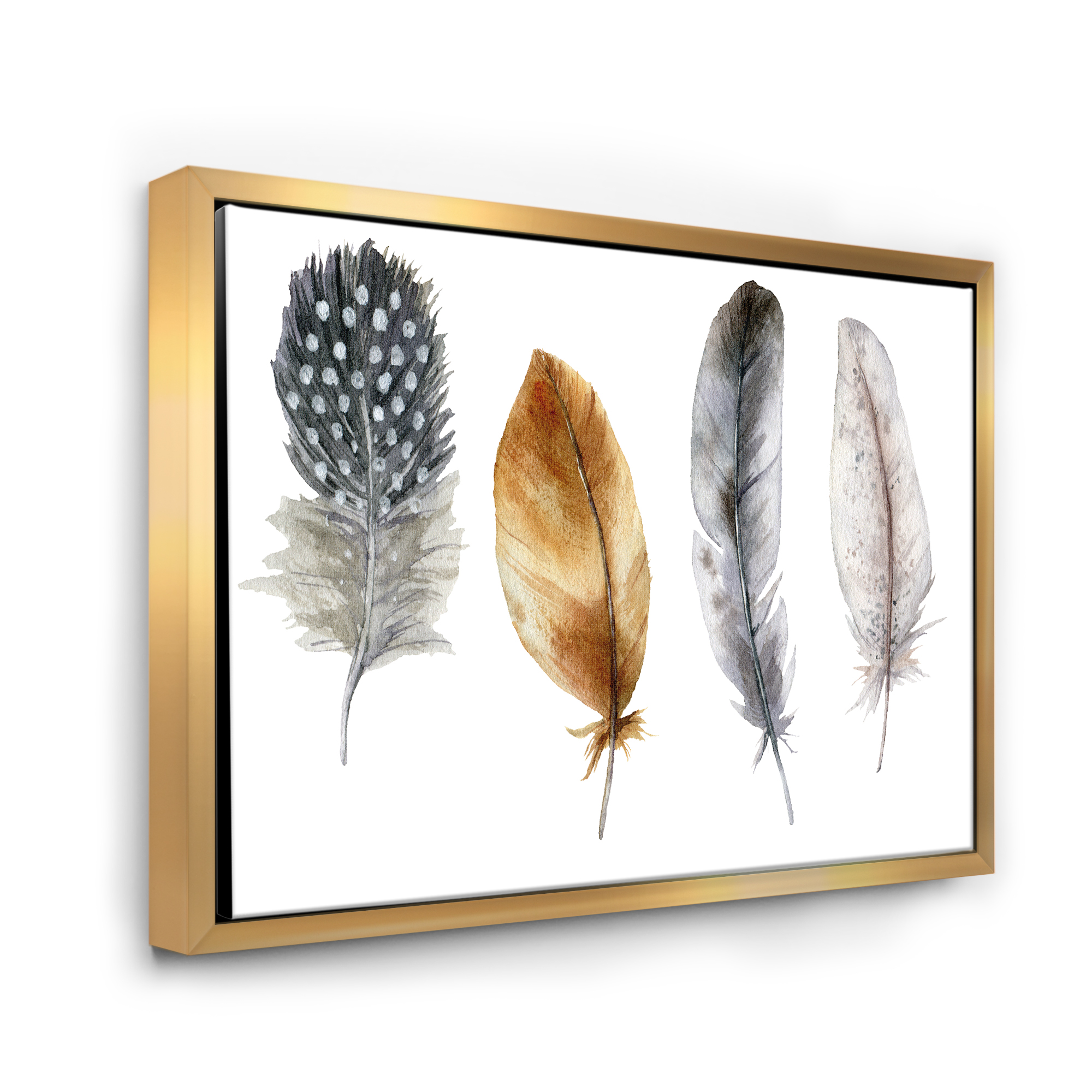 Designart 'Boho Feather In Blue and Orange Striped & Polka Dost' Bohemian & Eclectic Framed Canvas Wall Art Print