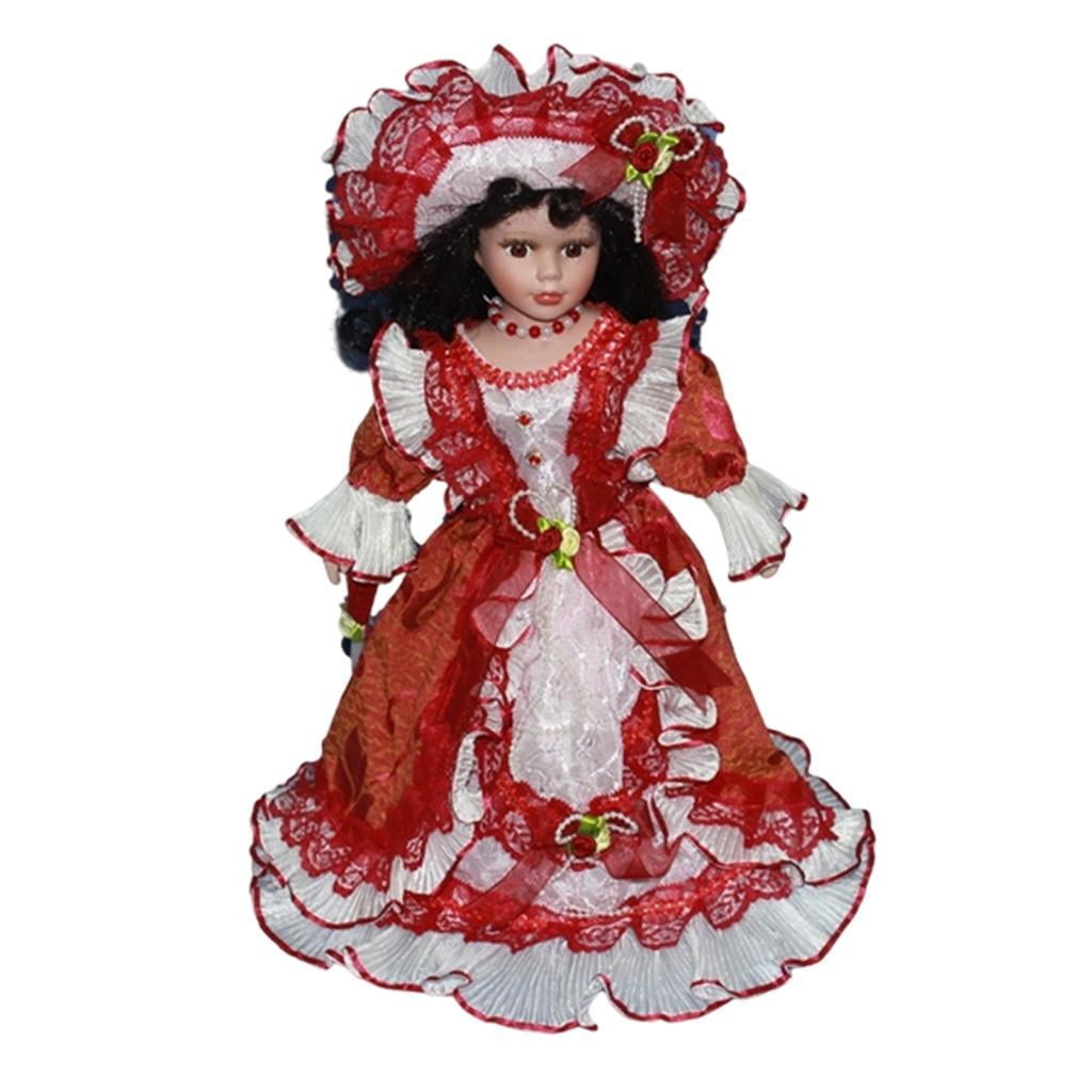 LeeQinersw 40cm Beautiful Curly Hair Collectible Ceramic Doll Dollhouse Lady with Dress for Red