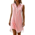 thumbnail image 5 of Ohufall Knee-Length Dress for Women Cotton Linen Turndown Collar Dress Stripe Breathable Summer Vacation Dress, 5 of 6