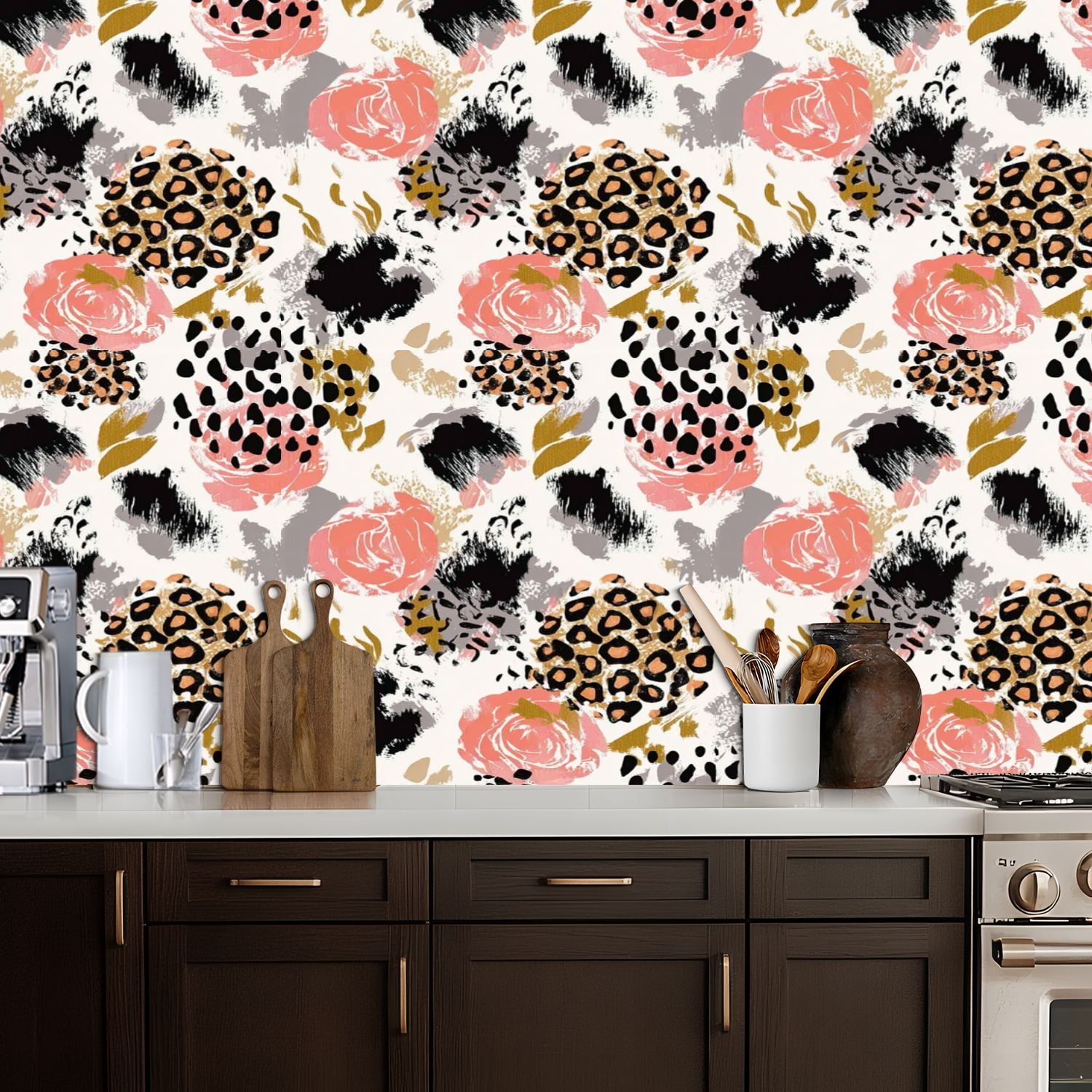 Vintage Peel and Stick Wallpaper Floral Leopard Print Bold Brushstrokes Pink Black Gold Tones Wall Mural 17.7in x 9.8ft Removable Wall Paper Renter Friendly Wallpaper for Nursery Bedroom Cabinets