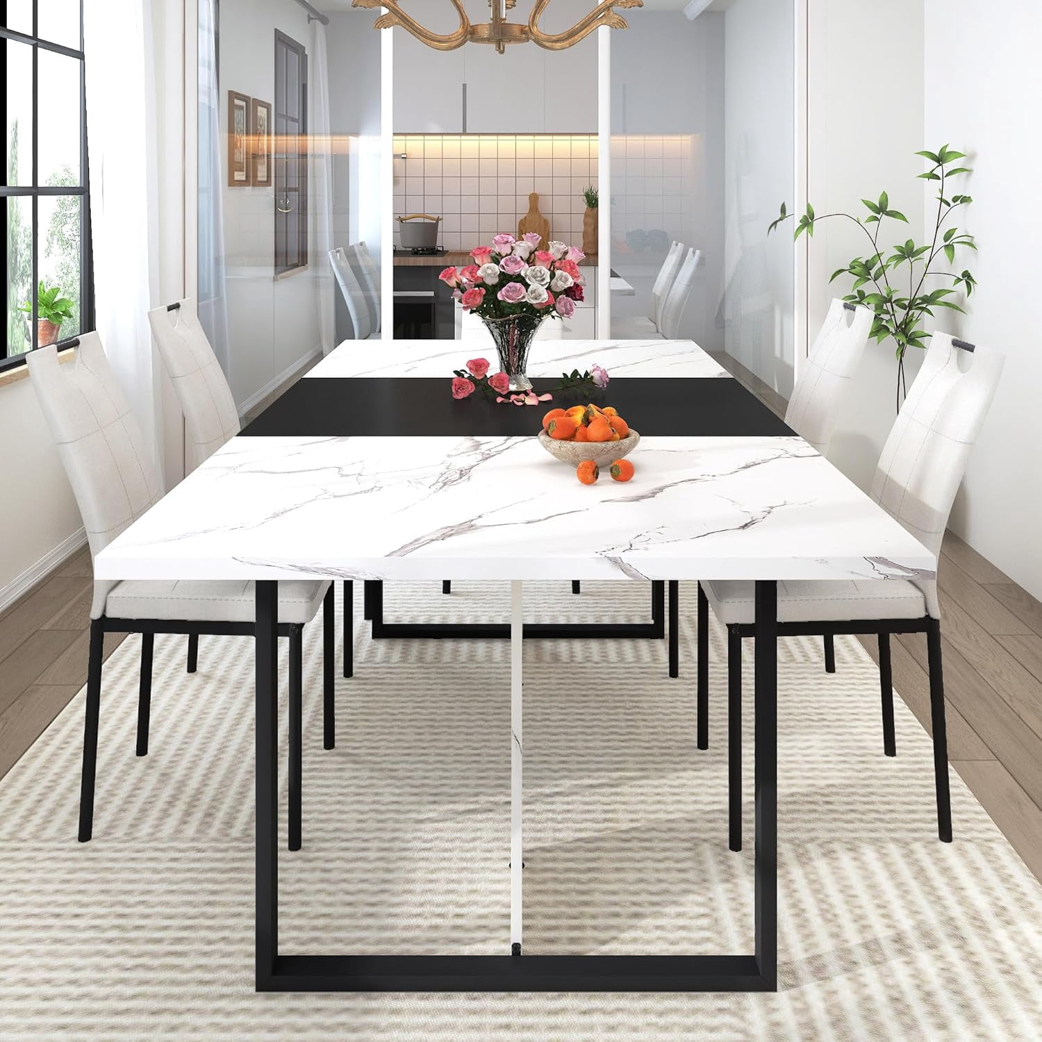 ChVans 7 Pcs Dining Table Set for 4-6 People with Chairs,71" Kitchen Dinner Table W/Waterpoof Wooden Tabletop,6 PCS Upholstered PU Chairs,Rectangular Wood Tables W/Adjustable Leg for Home Dining Room