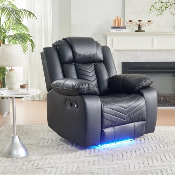 Power Recliner Chair with USB & Type-C Charging Ports, LED Light, Breathable Eco Leather Home Theater Recliner, Overstuffed Living Room Sofa Chair