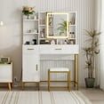 thumbnail image 1 of BeesClover Makeup Vanity with Power Outlet, Vanity Desk with Mirror and Lights, Makeup Vanity Table with 2 Drawers, 9 Open Shelves& 2 Cabinets, Dressing Table with Cushioned Stool for Bedroom, 1 of 6