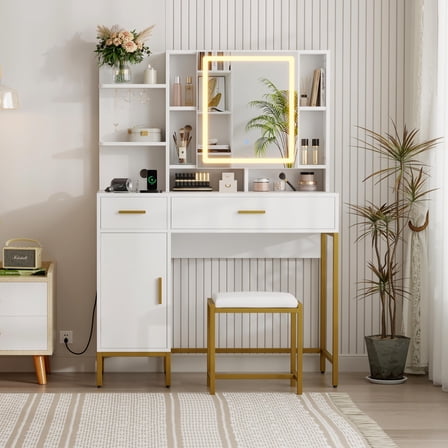 Makeup Vanity Desk with Lights in 3 Colors, White Vanity Table with Charging Station, Visible Drawers，White