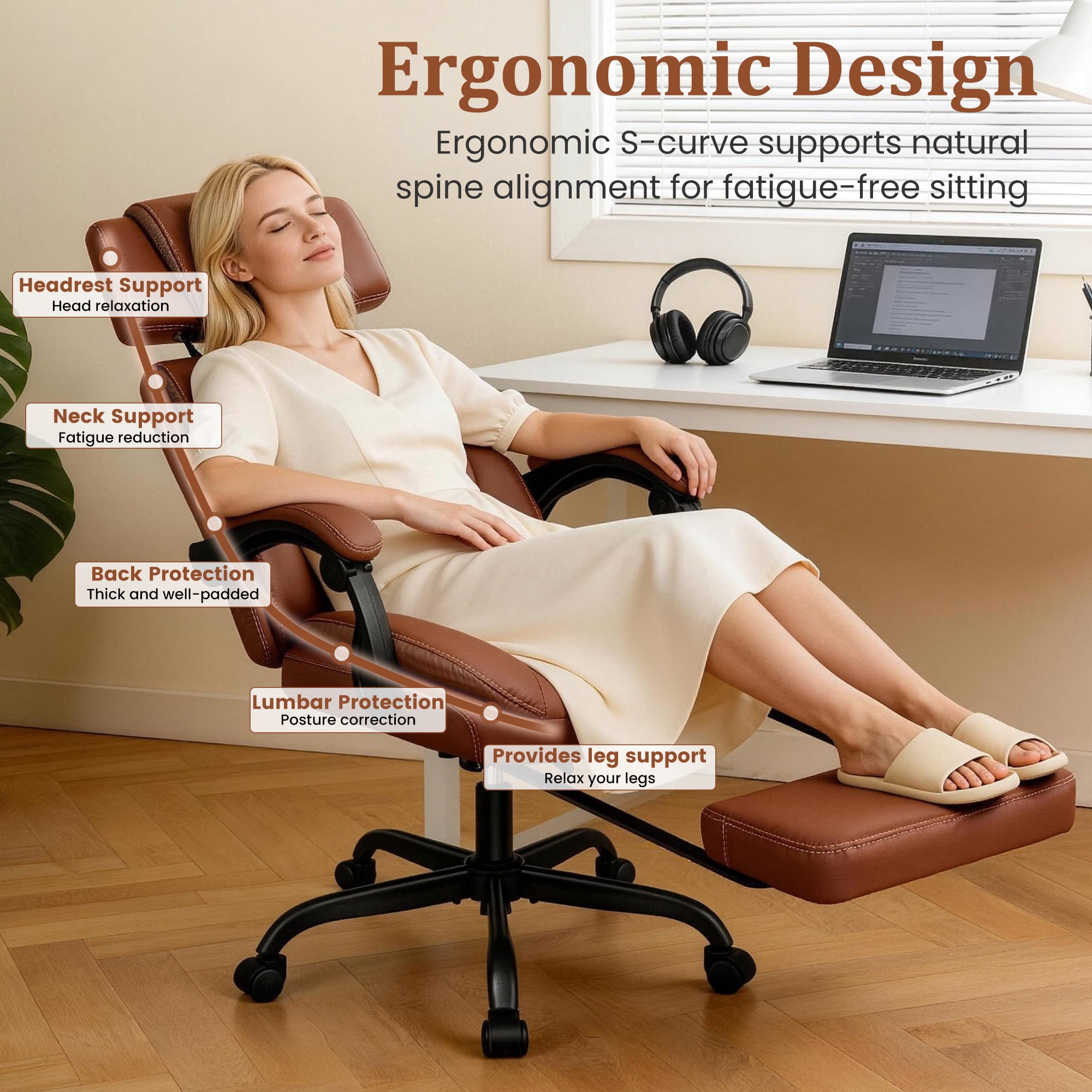 FelixKing Ergonomic Office Chair with Adjustable Headrest Executive Leather Desk Chair with Flip Up Arms, Comfy Computer Chair with Lumbar Support & Rocking Function for Home Office