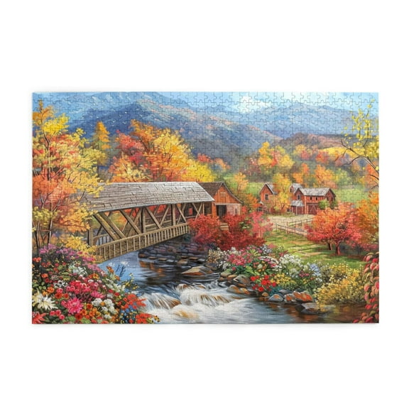 500 Piece Covered Bridge Autumn Jigsaw Puzzle Challenging Adult Puzzle Home Decor Unique Artwork Fun Activity Great Gift