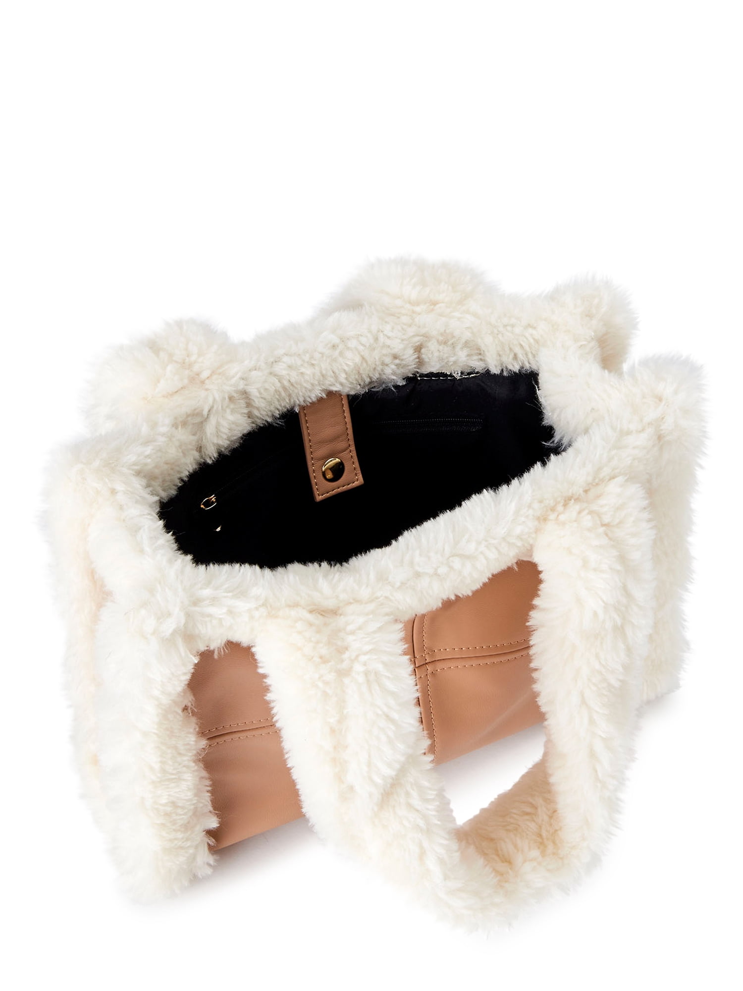No Boundaries Women's Square Sherpa Tote Bag Tan Off-White- Small