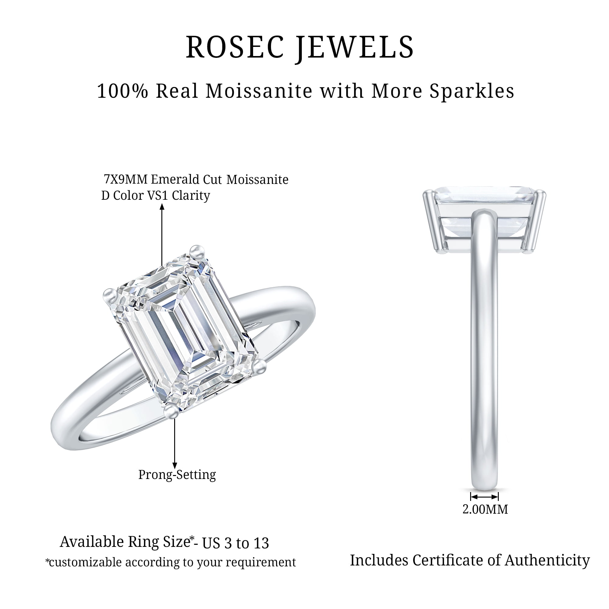 Rosec Jewels Emerald Cut Moissanite Solitaire Engagement Ring for Women - 7X9 mm - 2 ct - D-VS1 Grade, 10K White Gold, US 8.00
