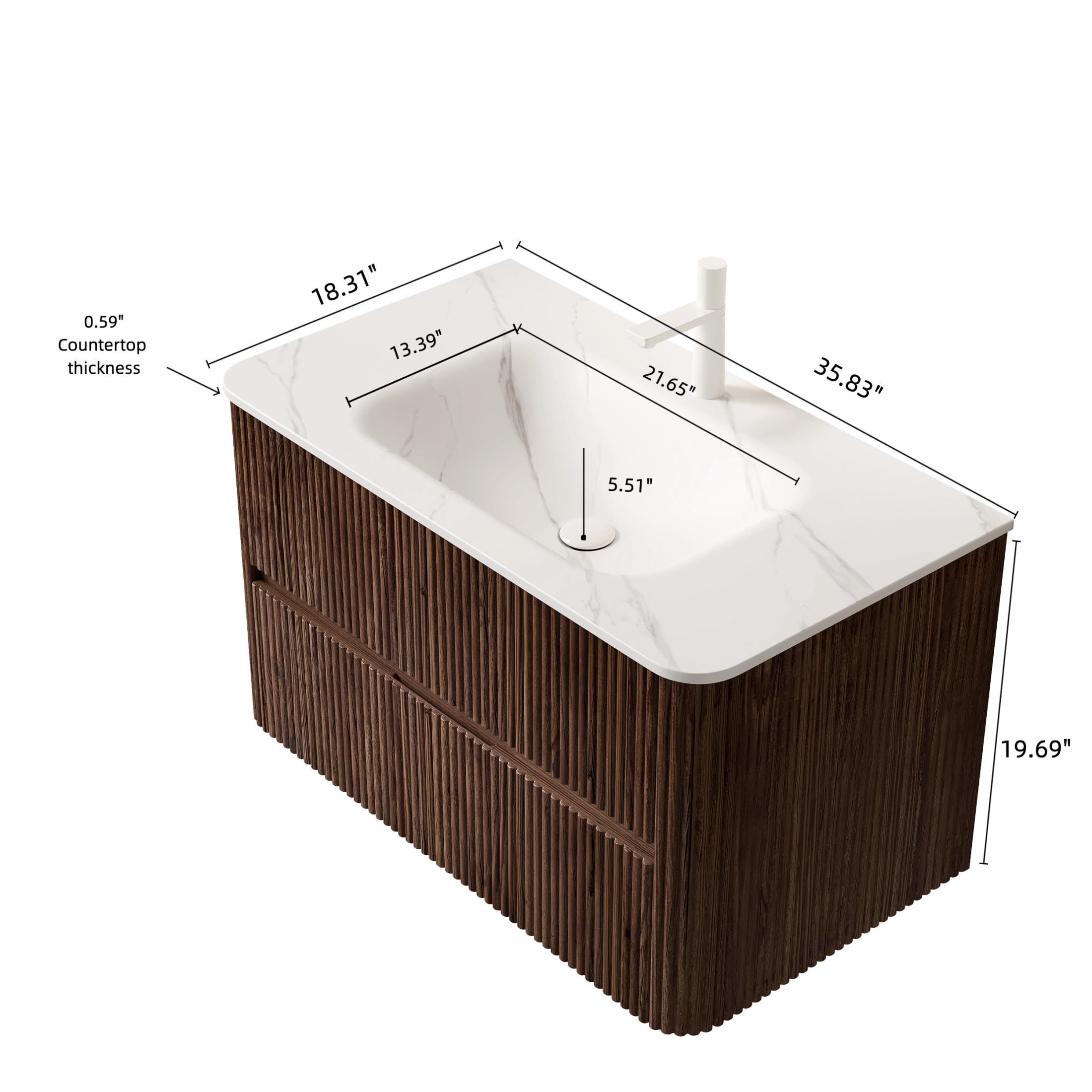 Noble House Noor 36" Floating Bathroom Vanity with Seamless Sintered Stone Basin, Retro Soft-Close Drawers, Walnut