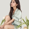 thumbnail image 7 of Women's Satin Pajama Set with Lace Trim Short Sleeve Button Top and Elastic Waist Shorts - Medium, Green, 7 of 7