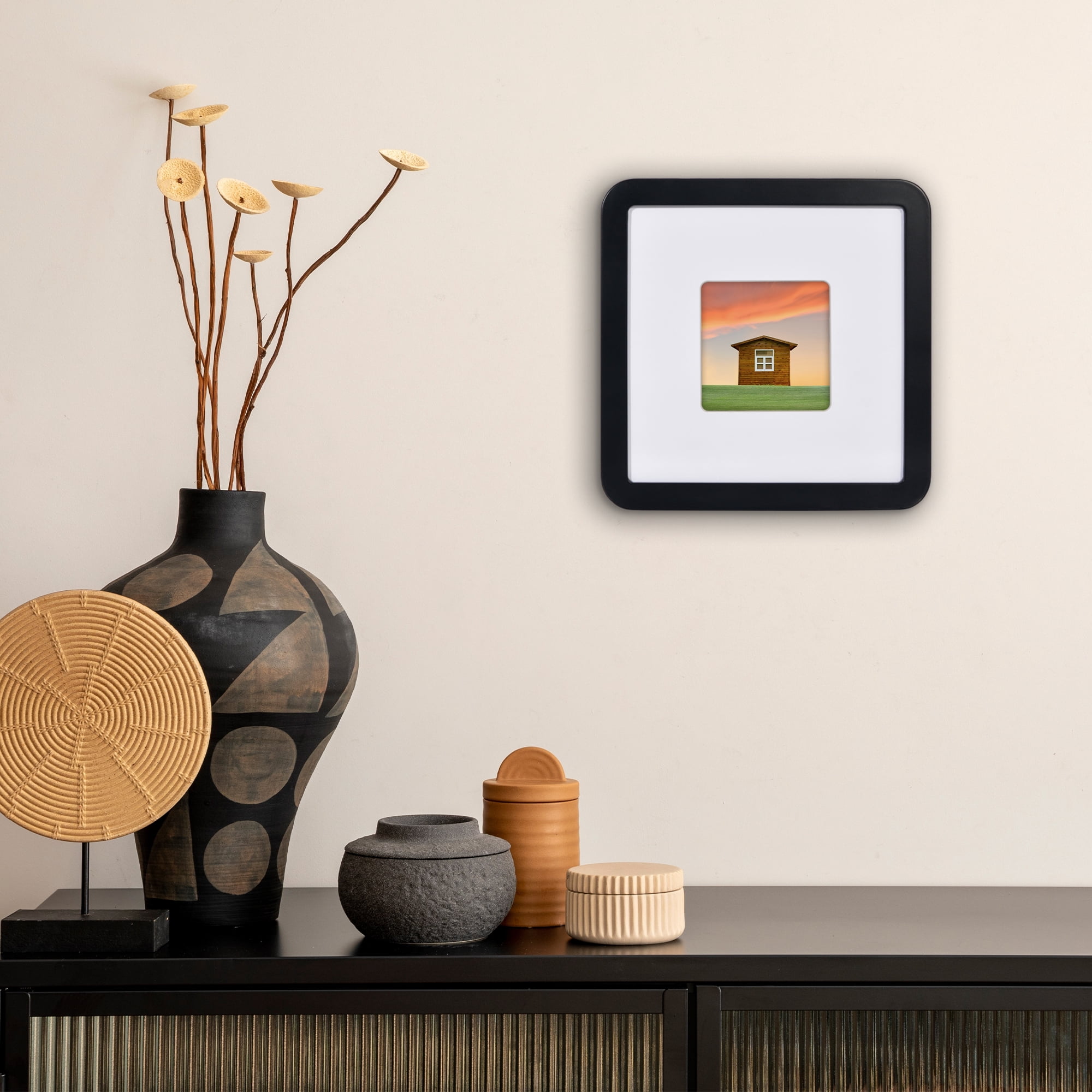 Americanflat 8x8 Picture Frame with Shatter-Resistant Glass with 4x4 Mat Round Corner Molding Mod - Black