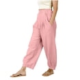 thumbnail image 3 of Feancey Womens Boho Baggy Pants Cotton Linen Elastic Cuffs Harem Pants Pleated Casual Stretchy Waist Beach Trousers with Pockets Pink M, 3 of 7