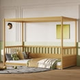 thumbnail image 4 of Canopy Bed Frame with Guardrails for Kids, Twin Size Floor Bed with Four Poster Design, Natural Pine Wood Montessori Bed, Low Profile Floor Bed with 21.45-Inch Guardrail, 4 of 10
