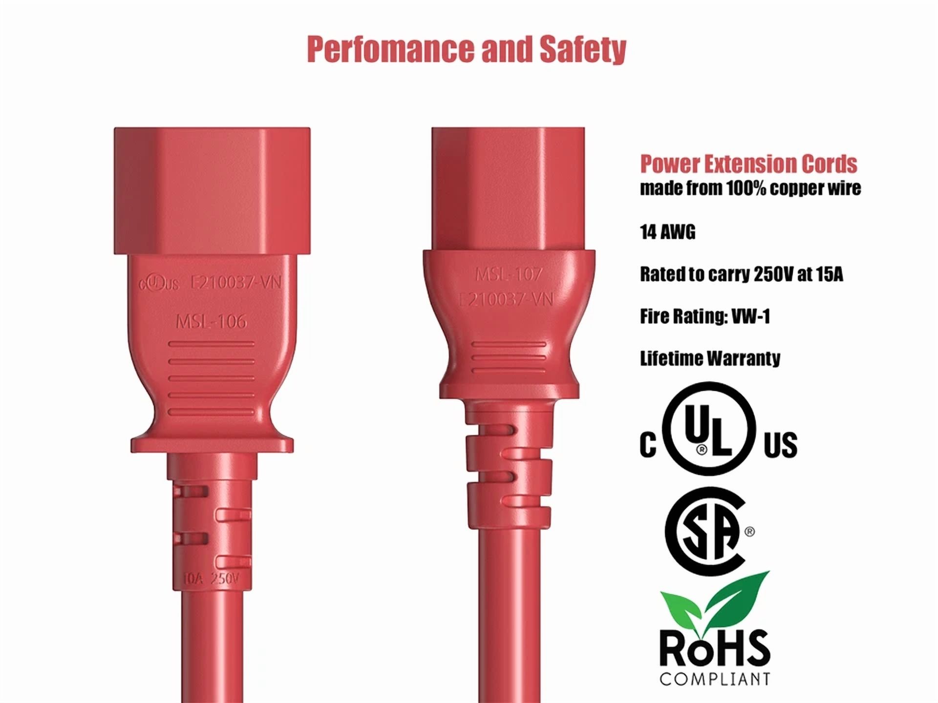 BUTTERFLY- Cable Leader 1Ft C13 To C14 Heavy-Duty Power Extension Cord 14 Awg 15A Red