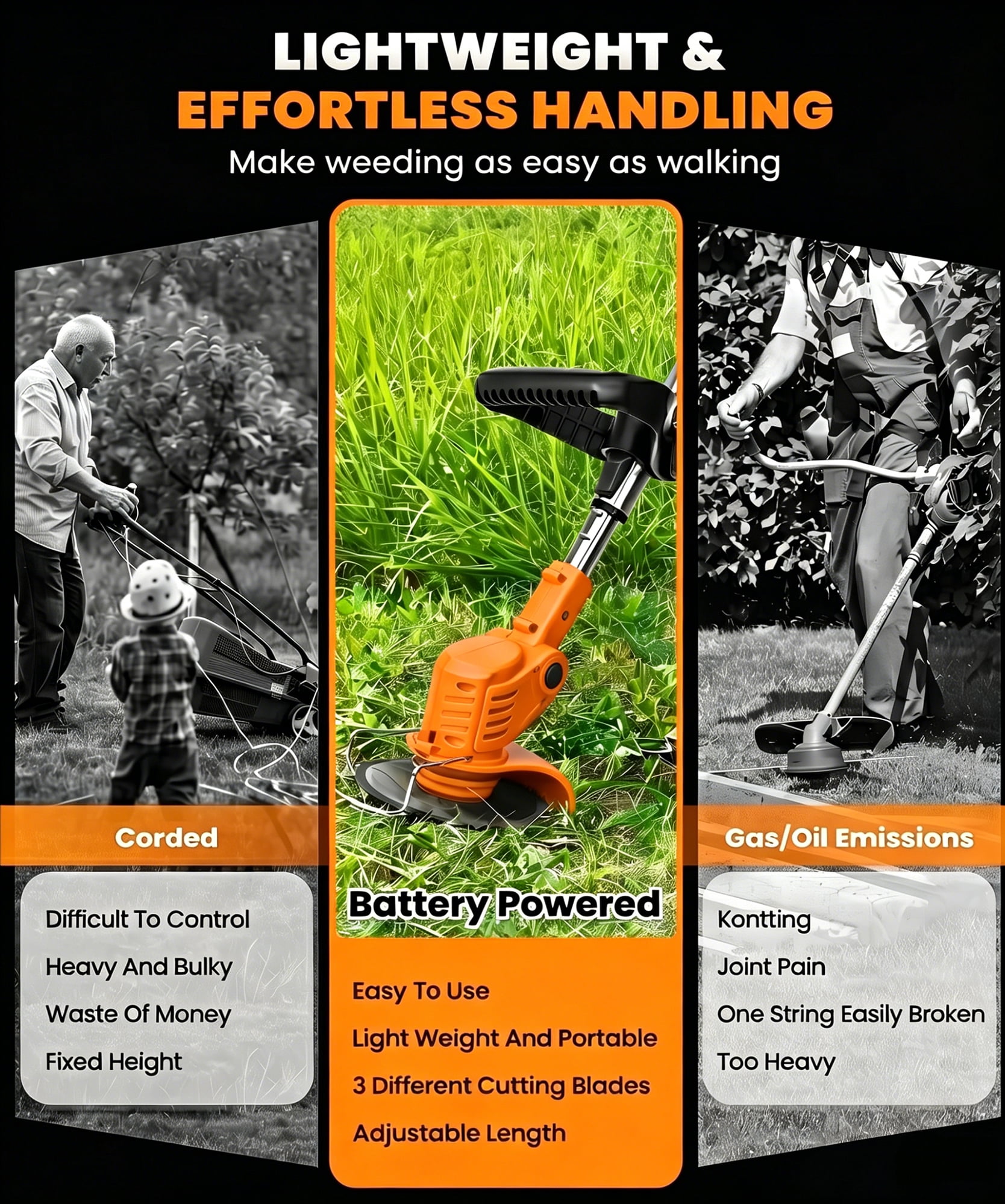 HOTREE 12-Inch 21V Cordless String Trimmer & Lawn Edger, 3-in-1 Lightweight Weed Eater with 2 Batteries (2.0Ah) & 3 Blade Types