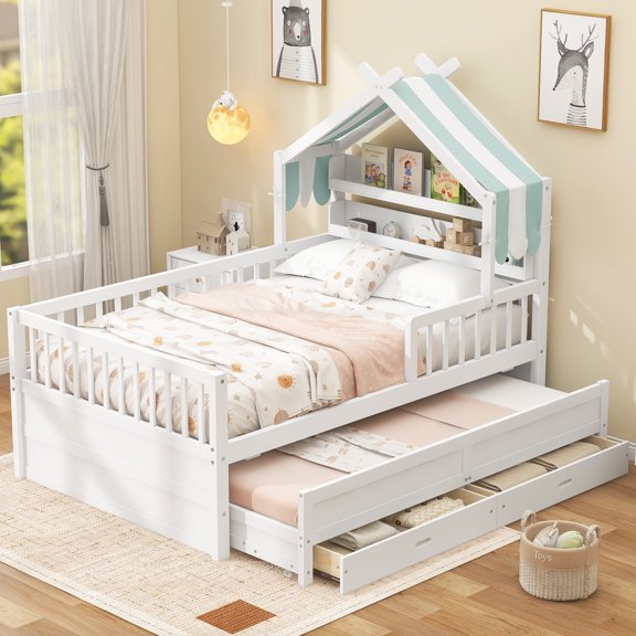 MODERNLUXE Twin Size House Platform Bed with Storage Headboard, Wood Bed with Trundle and Drawers, White
