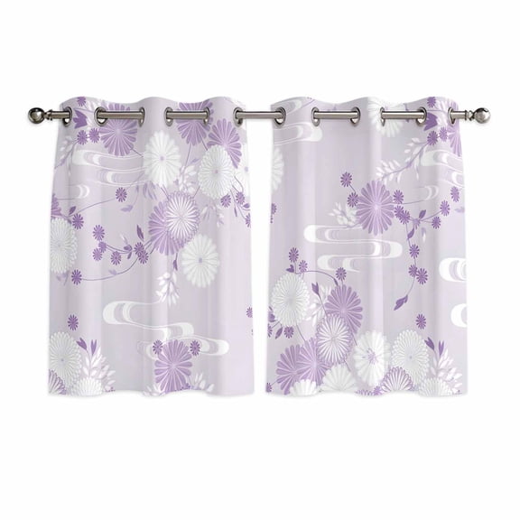 Purple White Floral Kitchen Curtains Window Panels, Spring Botanical Leaves Farmhouse Insulated Window Treatment Curtain, Grommet Curtains for Bedroom/Living Room/Bathroom, 2 Piece 42"Wx45"L