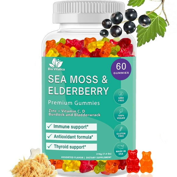 Sea Moss Gummies Elderberry Biovitalica - Vitamin C D + Zinc - Irish Seamoss Vegan Gummy with Sea Moss Gel & Powder for Immunity Detox Dietary Supplement