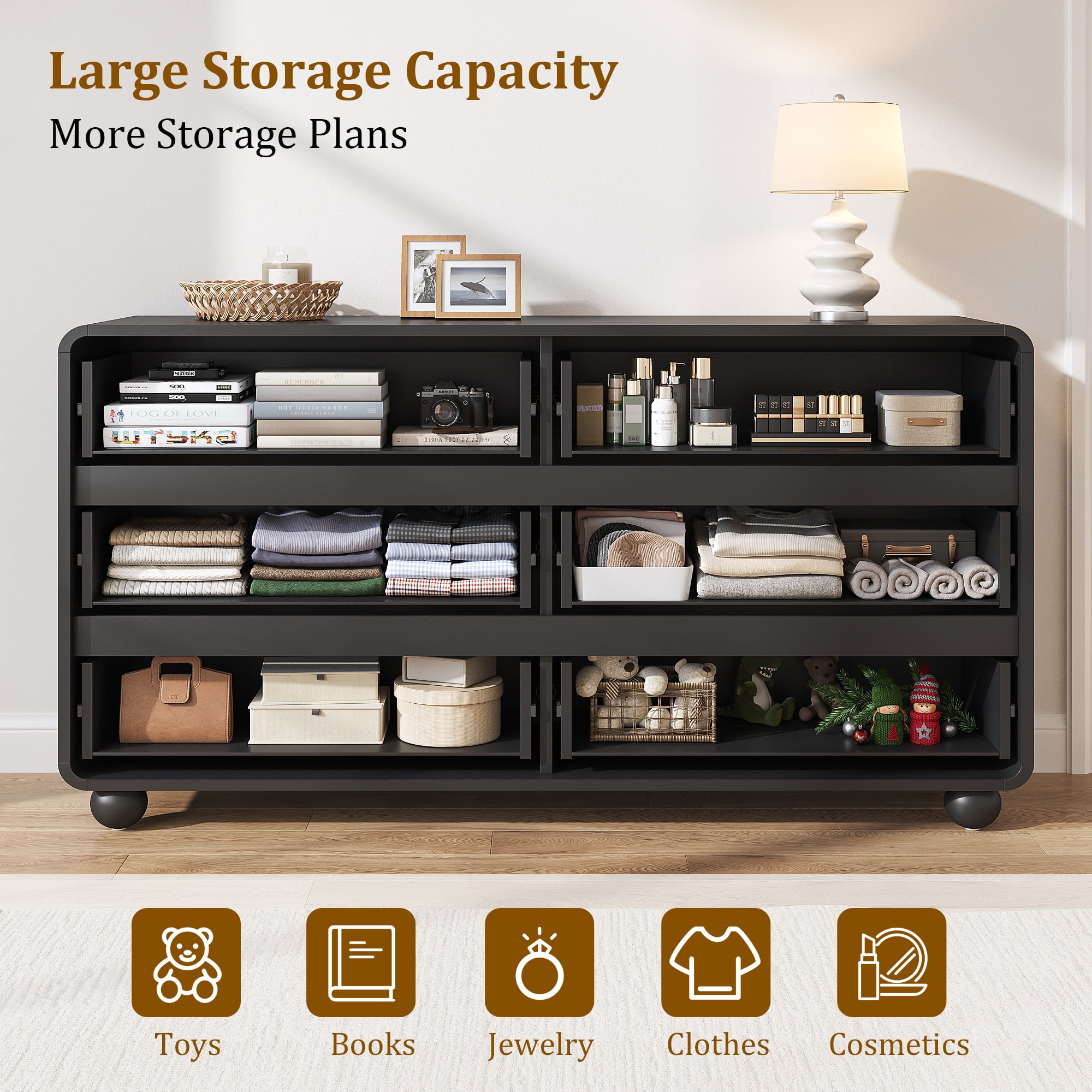 Aufeile Dresser for Bedroom, 6 Drawer Dresser & Chest of Drawers, 53" Modern Chest of Drawers with Curved Profile Design, Wood Dresser Storage Organizer for Adults, Black