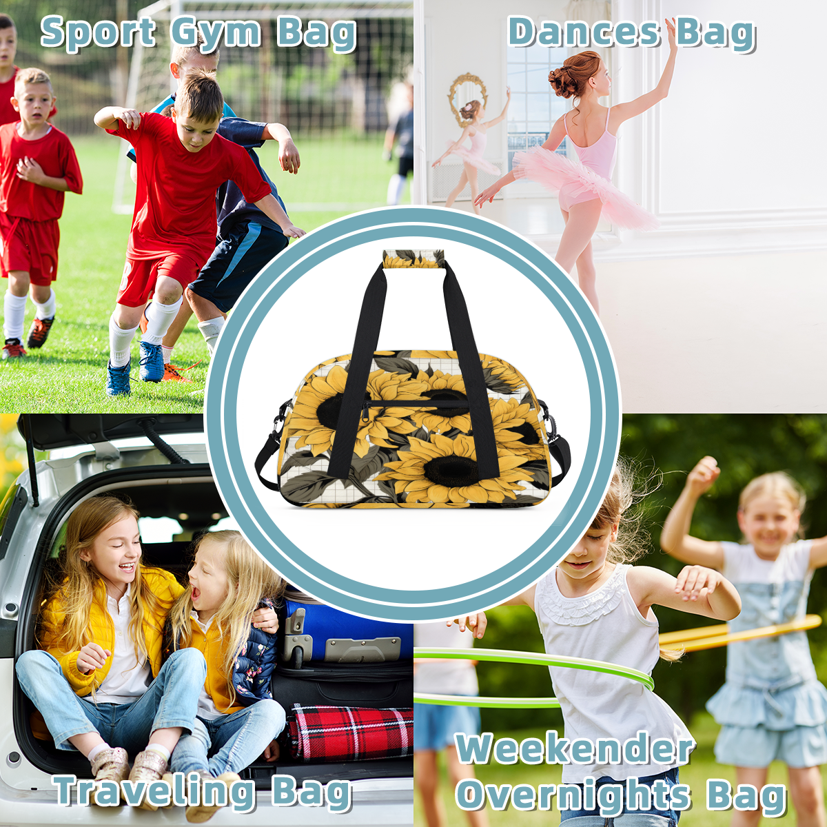 Herdesigns Yellow Sunflower Sports Duffle Bag for Women & Men, Gym Bag Dance Bag Overnight Bag Carry On Weekender Travel Bag