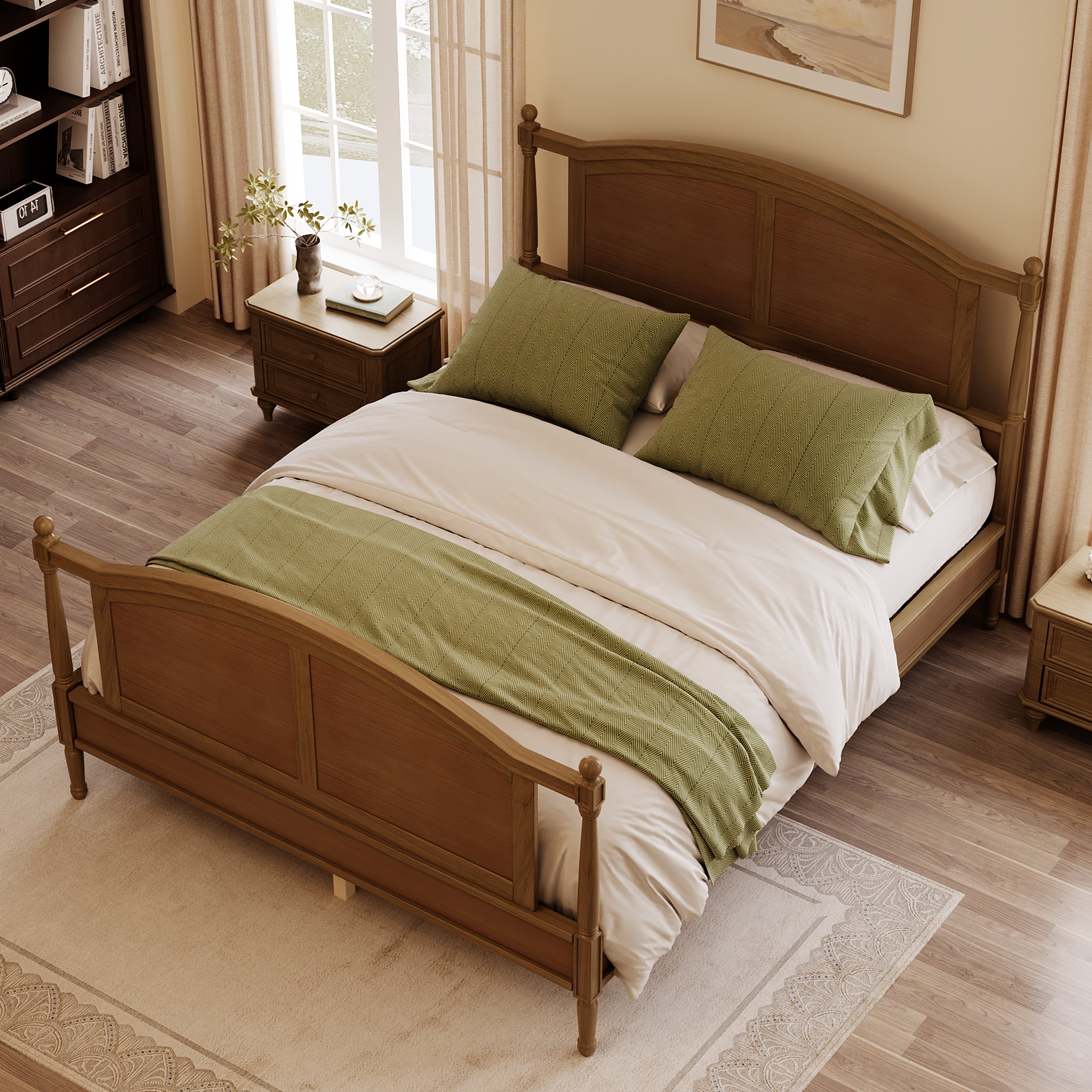 Mintazer Queen Size Farmhouse Platform Bed Frame with Arched Panel Headboard & Footboard, Cottage Panel Bed Frame with Spindle Posts & Slat Support for Bedroom Guest Room, Walnut